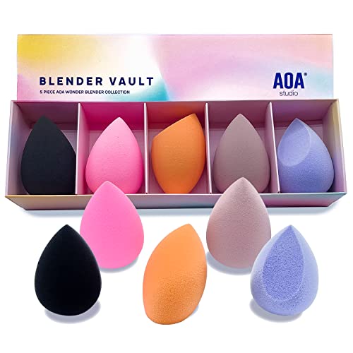 AOA Studio Beauty Makeup Sponge Blender Multiple Combo Set for Gift Makeup Blender Latex Free and High Definition set of 5 For Powder Cream and Liquid