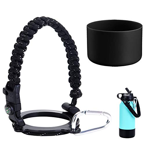 LX-SUNCX Paracord Handle for Hydro Flask 2.0 Wide Mouth Water Bottles(12 to 40oz),Survival Strap Carabiner Carrier Accessories,Plus a Nice Protective Silicone Boot ((Black Speckled)/Black, 32oz-40oz)