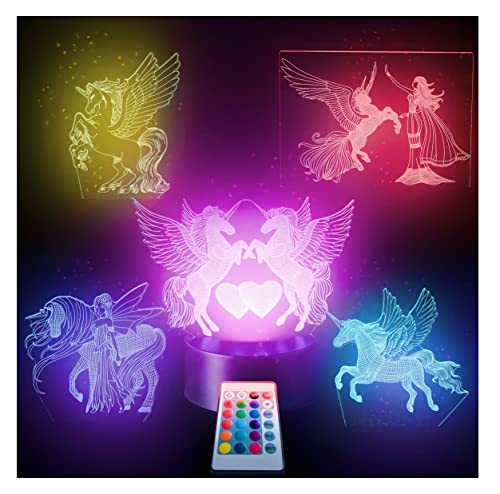 5in1 Unicorn Night light- 3D NightLight – For Girls Room, Kids. 5 Patterns 16 Color Changing Bedside lamp with Remote For Teens of all Ages. Best Unicorn Led Optical Illusion Lamp for Room Décor.