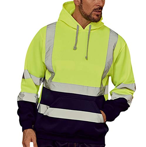 Hoodies for Mens Solid Color Reflective Hooded Sweatshirt Long Sleeve Sweater Top Loose Road Work High Visibility Pullover M-7XL