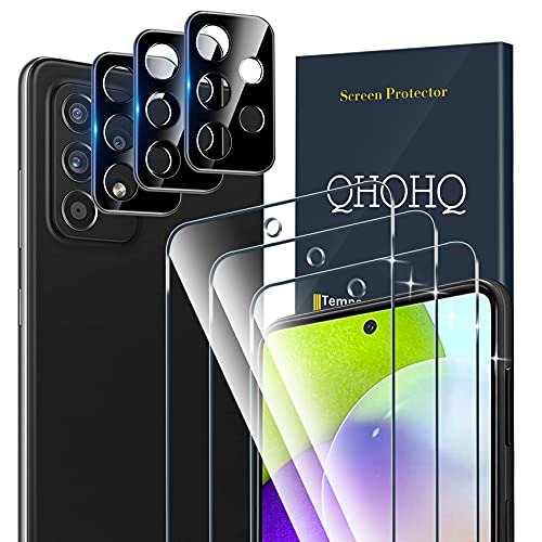 QHOHQ 3 Pack Screen Protector for Samsung Galaxy A52 4G/A52 5G/A52S 5G with 3 Pack Camera Lens Protector, Tempered Glass Film, 9H Hardness, HD, Anti-Scratch, 2.5D Edge, Anti-Fingerprint, Easy Install
