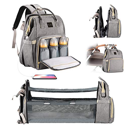 Cali Jade Diaper Bag Backpack with Changing Station Multifunctional Waterproof Large Capacity Travel Backpack, , Foldable Baby Bed, USB Charging Port, Insulated Pockets, Mother Bag, Gray