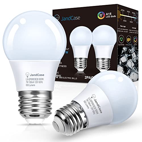 JandCase Refrigerator Light Bulbs, E26 Base A15 Appliance Bulbs 7W Equivalent 60W, Daylight White 5000K Fridge Light Bulbs, Non-Dimmable, UL Listed, 2 Pack