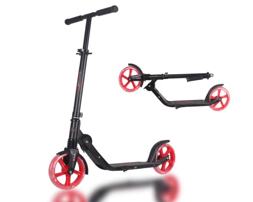 Kick Scooter for Kids 4 Years Old to Adult – Quick-Release Folding System – Front Suspension System – Scooter Shoulder Strap 7.9″ Big Red LED Wheels Great Scooters by First Drive (Black) (Black2)