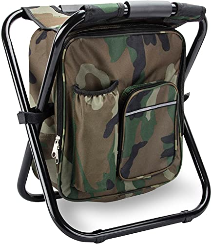 Kikerike Folding Stool Backpack Insulated Cooler Bag, Collapsible Camping Hunting Fishing Multifunction Chair with Front Pocket and Bottle Pocket for Outdoor Events, Hiking, Travel, Beach
