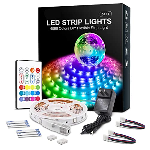 RGB LED Strip Lights 50ft,4096 DIY Colors Rope Lights with Memory Function, Self-Adhesive Color Changing LED Light Strip with Remote, 30mins Timing Off LED Tape Light Kits for Bedroom Kitchen Cabinet