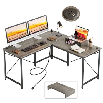 Bestier L Shaped Desk Computer Long Desk Reversible Corner Desk for Home Office with Power Outlet Monitor Stand 2 Cable Holes USB Socket 95.2 Inch 2 Person L Desk, Gray | The Storepaperoomates Retail Market - Fast Affordable Shopping
