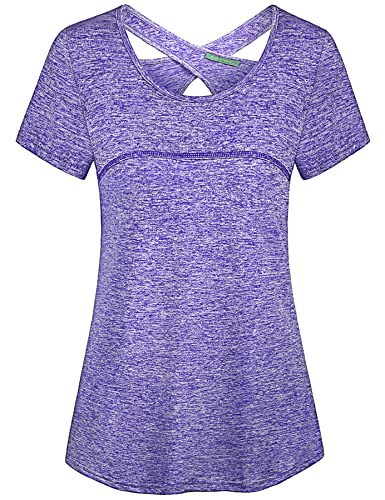 Kimmery Criss Cross Shirts for Women, Fast Dry Sweat Absorbing Yoga Tops Short Sleeve Cool Open Back Tops Summer Athleisure Climbing Biking Shirt Lilac XL