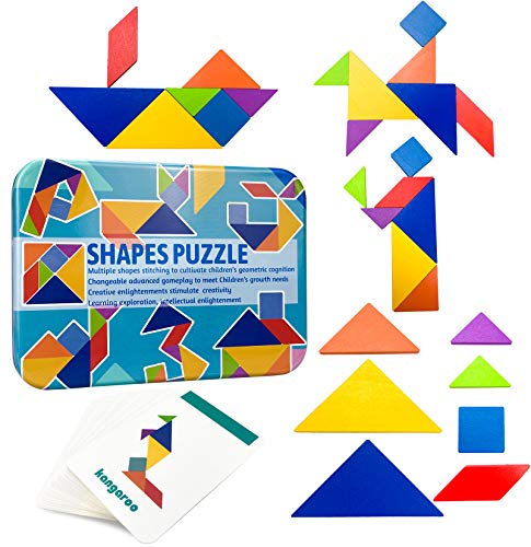 Tangram Pattern Puzzles Set, Woodiness Puzzle Blocks Colorful Tangram Sorting, 60 Design Cards with 120 Pattern Jigsaw Puzzle, Tangram Puzzles for Kid Toddlers Boys Girls Age 3+