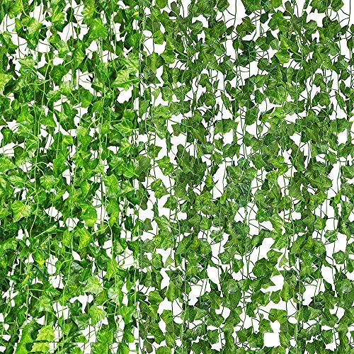Giftown 12 Strands 84Ft Artificial Ivy Garland Fake Leaf Plants Hanging Vine UV Resistant Green Leaves for Home Kitchen Garden Office Wedding Wall Décor
