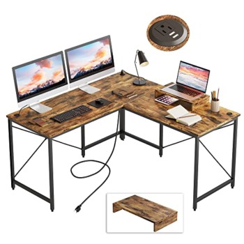 Bestier L Shaped Desk Computer Long Desk Reversible Corner Desk for Home Office with Power Outlet Monitor Stand 2 Cable Holes USB Socket 95.2 Inch 2 Person L Desk, Rustic Brown | The Storepaperoomates Retail Market - Fast Affordable Shopping