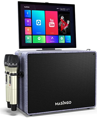 MASINGO 2023 Professional Karaoke Machine with Lyrics Display Screen + 2 Wireless Microphones – Bluetooth Portable PA Speaker System with Built-in 15″ Tablet & WiFi – Best Gift for Adults and Kids