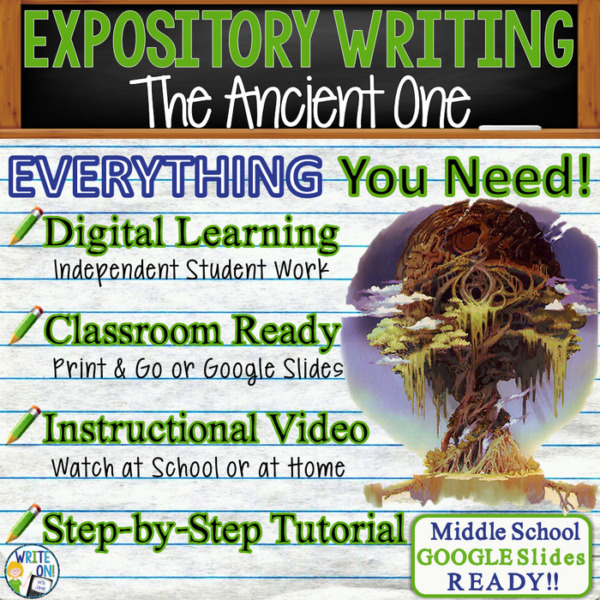 Text Analysis Expository Writing for The Ancient One Distance Learning or In Class, Independent Student Instruction, Instructional Video, PPT, Worksheets, Rubric, Graphic Organizer, Google Slides