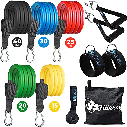 Fitteroy Home Gym Workout Bands – Resistance Band Weight Set Includes 5 Stackable Tension Bands, Premium Exercise Handles, Ankle Straps, Door Anchor and Carry Bag for Exercise & Physical Therapy