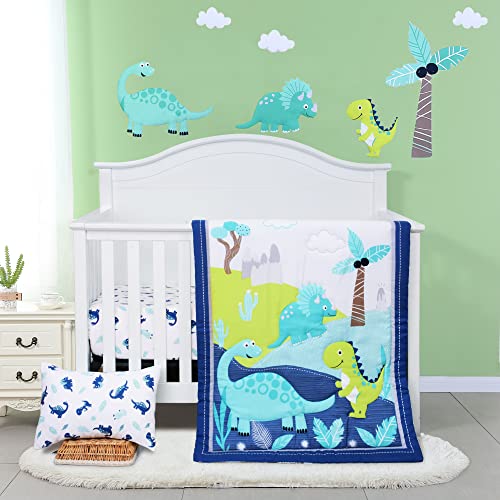 JISEN 3 Piece Crib Bedding Set Crib Quilt Crib Sheet Pillowcase – Soft Microfiber Printed Dinosaur Nursery Set for Baby Boys or Girls