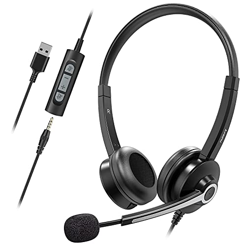 Nulaxy Computer Headset with Microphone, Wired USB Headset for Laptop PC, 3.5mm Jack Inline Control Headphone with Noise Cancelling Mic, Business Call Center Headset for Skype, Office, Classroom, Home