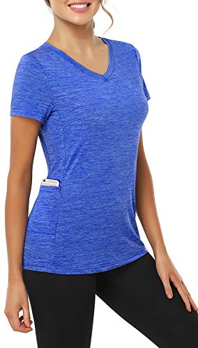 CHICHO Dry Fast Sport Shirt for Women V Neck, Tourist Wear Sweat-Wicking Stretch Top Light Weight Elastic with Pockets Party T-Shirt Outdoor Blue Medium