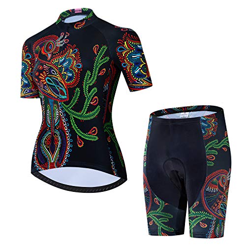 JPOJPO Women’s Cycling Jersey and Shorts Set Short Sleeved Bike Jersey Breathable Clothing 3D Gel Pad Shorts Quick-Dry S-2XL