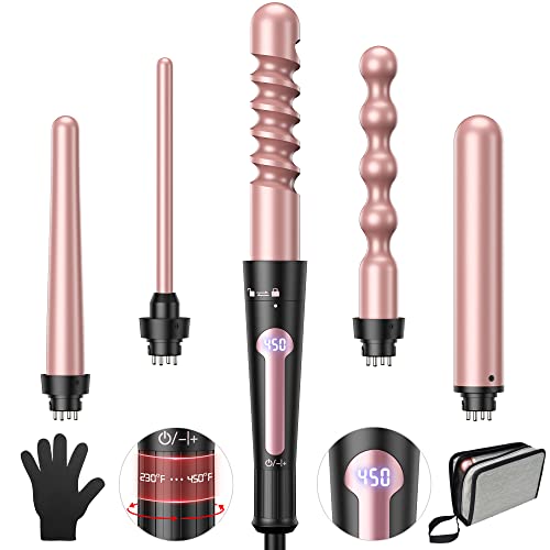 USHOW Curling Iron, 5 in 1 Curling Wand Set, Instant Heat Up Hair Curler with 5 Interchangeable Tourmaline Ceramic Barrels (0.35″ to 1.25″), LCD Heat Display, 12 Adjustable Temperature, Include Glove