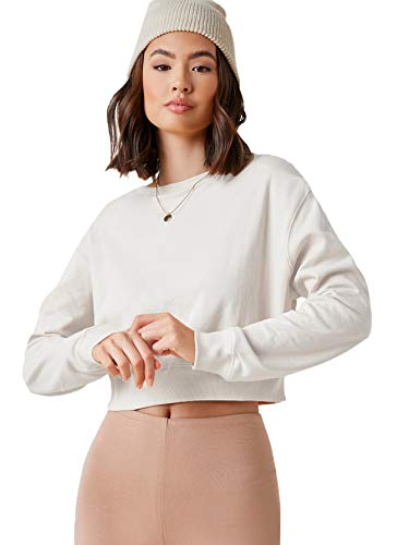 Verdusa Women’s Basic Casual Long Sleeve Round Neck Crop Top Pullover Sweatshirt White M