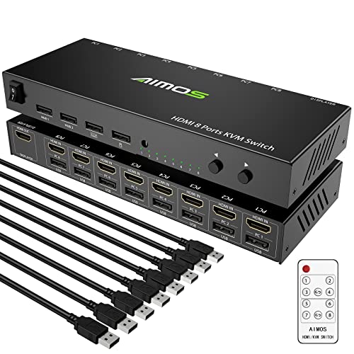 KVM USB Switch, 8 in 1 Out HDMI Switcher Box Support 4K@30Hz for 8 PC Share Keyboard and Mouse, Support USB Hub Connect, Compatible with Windows/Linux/Mac System etc