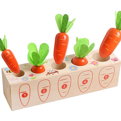 Wooden Montessori Toys for 1 2 3 Years Old Boys and Girls Shape Matching Puzzle Carrot Harvest Game Developmental Educational Birthday Gifts for Baby Toddlers 1-3, Great Fine Motor Skill 12 Months