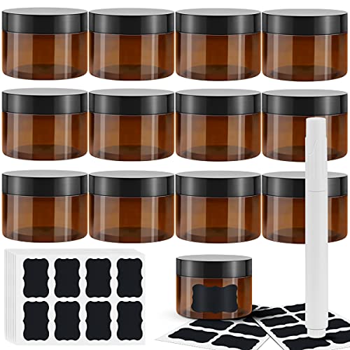 WYKOO 12 Pack 4oz Amber Plastic Jars with Lids and Labels, Refillable Empty Round Containers Storage Jay for Cosmetic, Lotions, Kitchen, Arts, Crafts Supplies