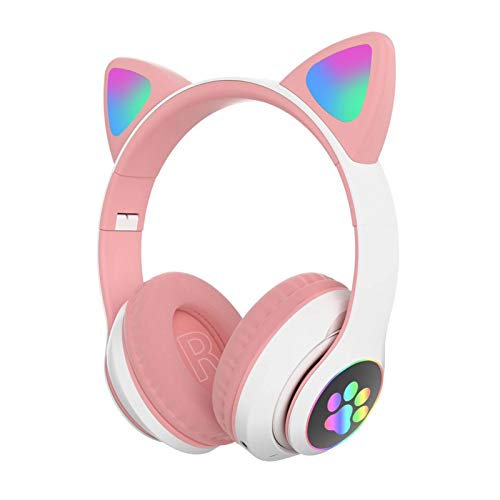 UXELY Girl Wireless Gaming Headset, Cute Cat Ear Headset with LED Lights, Noise Cancelling Stereo Gaming Headphones, Fashion Bluetooth 5.0 Headset for Kids & Adults Wearing
