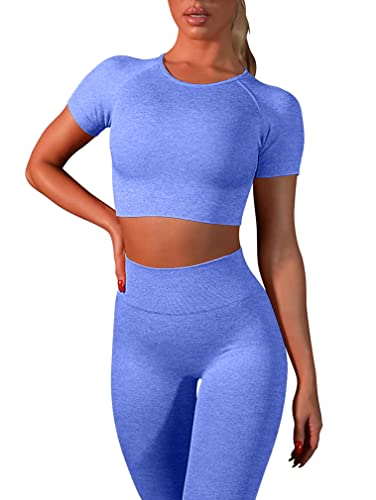 OYS Workout Sets for Women 2 Piece Outfits Seamless High Waist Yoga Leggings Running Sports Crop Top Gym Sets Blue