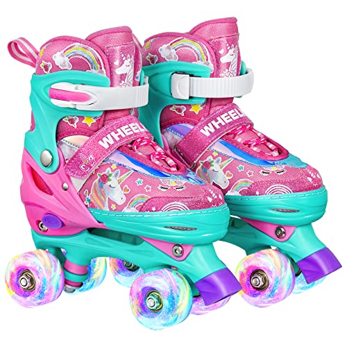 Wheelkids Roller Skates for Toddler Girls Baby Kids Ages 2-3, Pink Unicorn Adjustable Rollerskates Toddlers Beginners 4 Sizes with Light Up Wheels