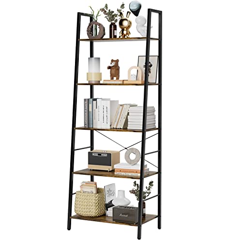Gadroad Ladder Bookshelf, Industrial 5-Tier Bookcase,Free Standing Ladder Shelf, Utility Organizer Shelves for Plant Flower,Wood Look Accent Furniture with Metal Frame for Home Office,Rustic Brown