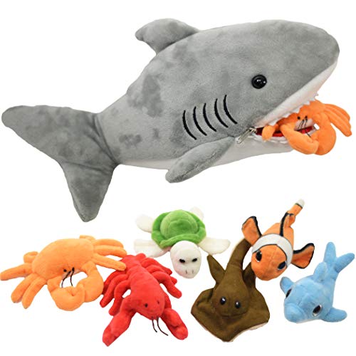 Plush Shark 15 Inch with 6 Soft Baby Sea Creatures for Hungry Great White Shark Plushie Stuffed Animal to Eat Including Crab, Lobster, Stingray, Dolphin, Turtle, & Clown Fish – Eating Shark Plush