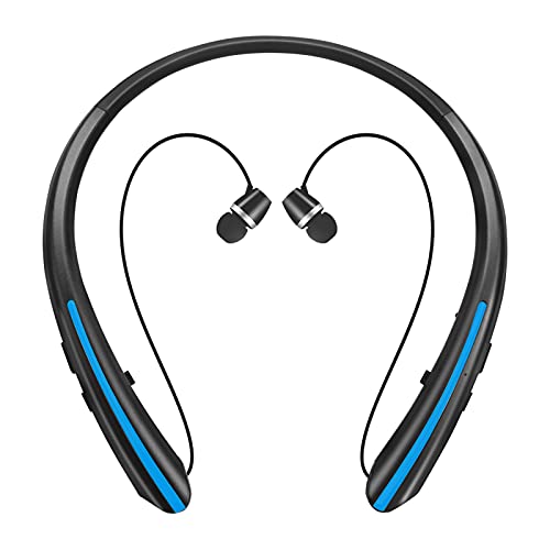 Bluetooth Headphones, Wireless Earbuds Retractable Neckband Headset Stereo Sweat-Proof Sports Earphones with Mic Fits iPhone 12/11/X/8, Android and Other Bluetooth Enabled Devices (Black Blue)