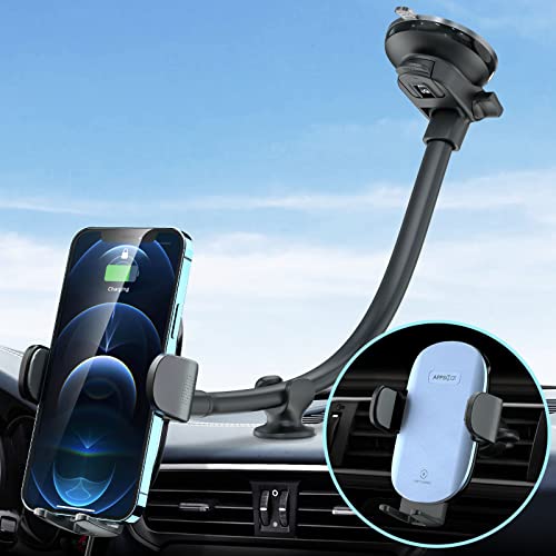Car Phone Holder Mount Wireless Charging, 15W Wireless Car Charger Mount, Windshield Dash Phone Holder [with QC 3.0 Adapter] Compatible with iPhone 13 12 Mini 11 Pro Max, Samsung, LG-Iron Gray