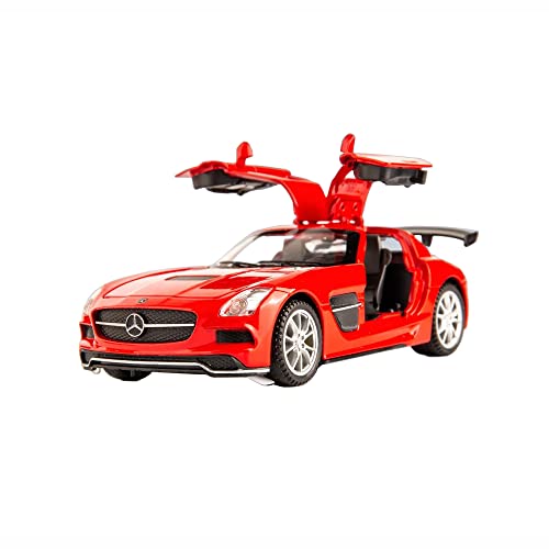 iLooboo Alloy Collectible Red Benz SLS AMG Toy Vehicle Pull Back Die-Cast Car Model with Lights and Sound