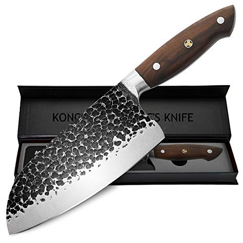 KONOLL Meat Cleaver 7 inch Forged Hammered Kitchen Knife German High Carbon Steel Chinese Knife with solid wood Handle，Butcher knives Vegetable Cutting Knife