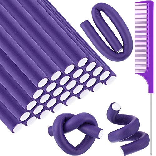 30 Pieces Flexible Curling Rods Twist Foam Hair Rollers Soft Foam No Heat Hair Rods Rollers and 1 Steel Pintail Comb Rat Tail Comb for Women Girls Long and Short Hair (9.45 x 0.55, Purple)