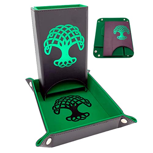 Luck Lab Folding Dice Tower and Dice Tray for RPG Table Top Gaming – Black/Green – Tree of Life Design