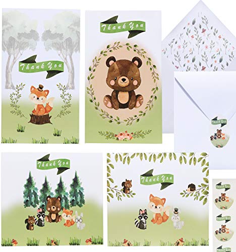 Baby Shower Thank You Cards – 36 Pack of Cute Woodland Forest Animals Thank You Notes with Envelopes and Stickers | Perfect for Kids Birthday or Baby Showers