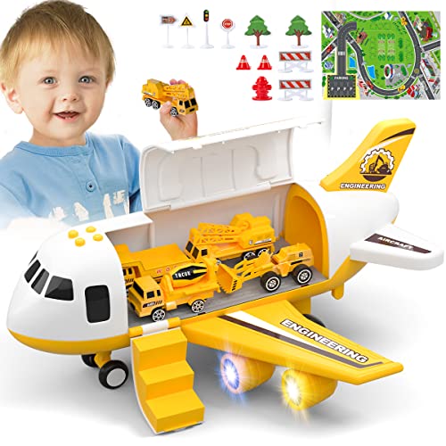UNIH Toddler Airplane Toys for 2 3 4 5 Year Old Boys & Girls, Kids Toys Plane with Lights and Sounds, Transport Cargo Airplane with 4 Construction Cars