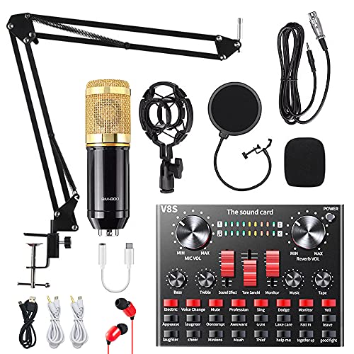 ALPOWL Podcast Equipment Bundle, BM800 Condenser Microphone Bundle with Live Sound Card, Adjustable Mic Stand, Metal Shock Mount and Double-Layer Pop Filter for Studio Recording & Broadcasting (Gold)