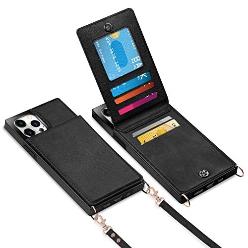 Vofolen Compatible with iPhone 12 Pro Max Case Wallet with Credit Card Holder Lanyard Crossbody Strap Leather Magnetic Clasp Kickstand Heavy Duty Protective Square Flip Cover Black