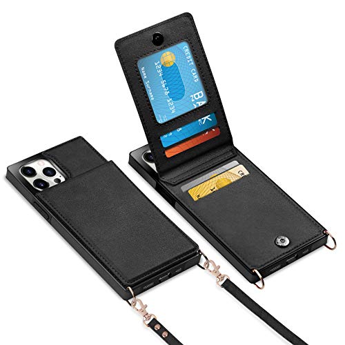 Vofolen Compatible with iPhone 12 Wallet Case iPhone 12 Cover with Credit Card Holder Lanyard Crossbody Strap Leather Magnetic Clasp Kickstand Heavy Duty Protective Square Flip Cover Black