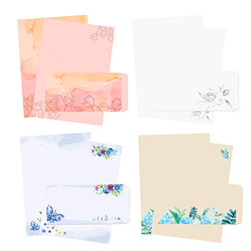 48Pcs Stationary Writing Paper with Envelopes – Japanese Stationery Set Double Sided Printing Floral Letter Writing Paper, 32 Stationary Papers + 16 Envelopes, 7.5 x 10.4 Inch of Each Stationary Paper