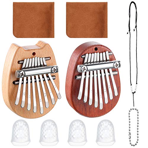 10 Pieces 8 Keys Mini Kalimba Piano Set Include Mini Finger Thumb Piano with Lanyard Chain, Finger Protector and Cleaning Cloth for Kids and Adults Beginners (Oval, Cat Shaped, Wood)
