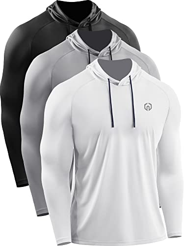 NELEUS Men’s Long Sleeve Running Shirts UPF 50+ Sun Protection SPF T-Shirts with Hoods,5096,Black/Grey/White,3 Pack,XL