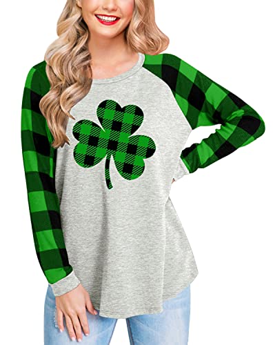 For G and PL Womens Long Sleeve St Patrick’s Day Shirt Cotton Irish Raglan Green Plaid Clover Tops Shamrock XL