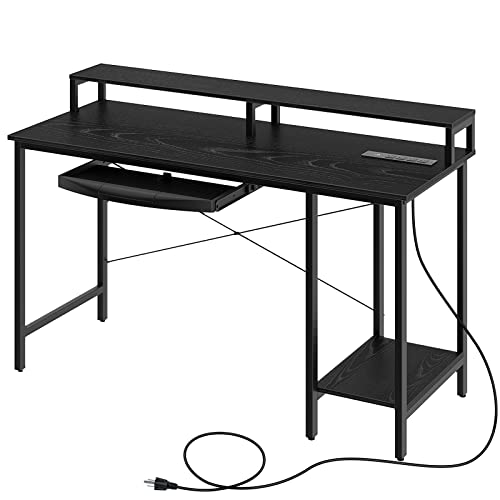 Rolanstar Computer Desk with Power Outlet and Monitor Stand Shelf, 47” Home Office PC Desk with Keyboard Tray and USB Ports Charging Station, Desktop Table, Stable Metal Frame Workstation, Black