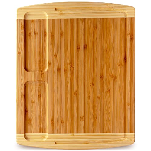 Greener Chef Organic Bamboo Cutting Board for Kitchen with Built-In Compartments and Juice Groove – Wooden Chopping Board for Meat, Cheese Charcuterie Board with Handles, (Medium, 14.5×11.5″)