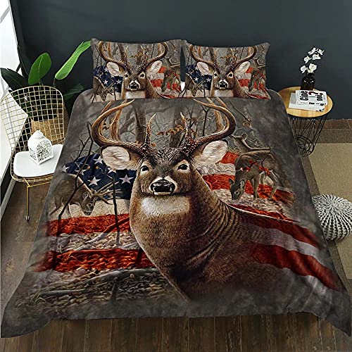HOSIMA Deer Hunting,Hunter Bedding Set Queen American Flag Bedding,Hunting Themed Duvet Cover Queen Size for Husband Boys Room Decor,Deer Bedding Sets for Teens,Bed Set Full Size with 2 Pillowcases.
